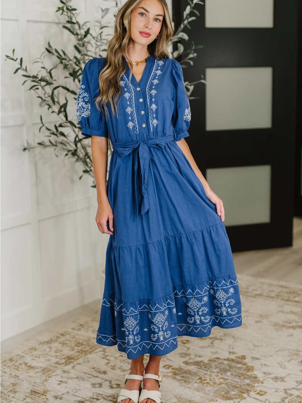 Large Delicate Devotion Puff Sleeve embroidery detail Midi Dress